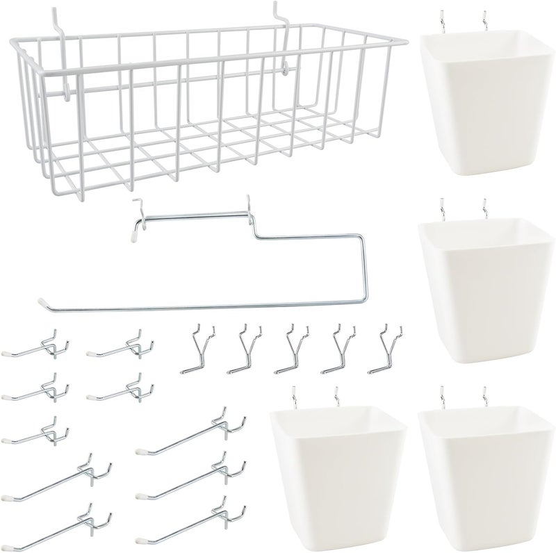 G.CORE Peg Board Organizer 21 Pack, Pegboard Accessories with Baskets Cups Hooks - 1/8" & 1/4" Peg Board Wall Tool Organizers, Utility Holders & Hangers for Garage Craft Workbench (White & White) - Image 1